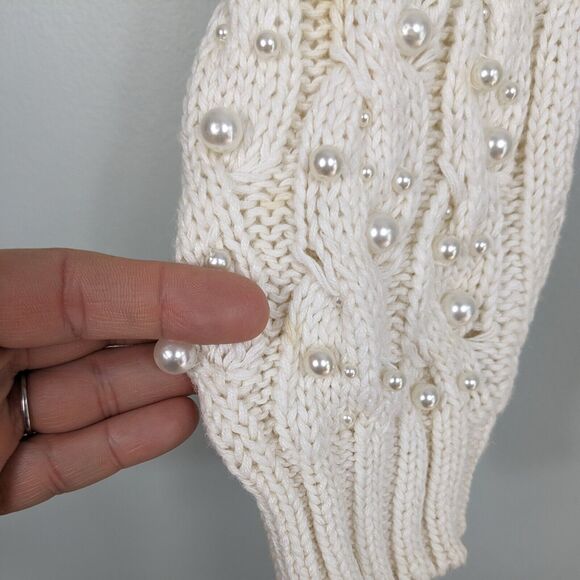Vintage 90s Sweater Cable Knit Pearl Cropped Off White Coquette Feminine M - Picture 10 of 13